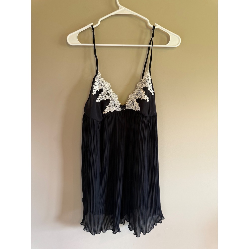 Vintage Intimo Amore Sears Black Pleated Lace Babydoll Chemise Lingerie Small